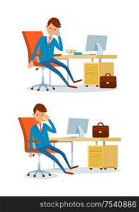 Business affairs of businessman working in office vector. People talking on phone with clients and parthners. Discussion about details of project. Business Affairs of Businessman Working in Office