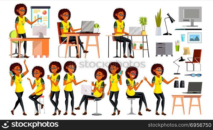 Business African Black Woman Character Vector. In Action. Office. IT Business Company. Working Elegant American Modern Girl. Various Views. Environment Process. Cartoon Illustration. Business African Black Woman Character Vector. American Elegant Modern Girl. Expressions. Working On The Computer. Desk. Cartoon Illustration