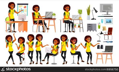 Business African Black Woman Character Vector. In Action. Office. IT Business Company. Working Elegant American Modern Girl. Various Views. Environment Process. Cartoon Illustration. Business African Black Woman Character Vector. American Elegant Modern Girl. Expressions. Working On The Computer. Desk. Cartoon Illustration