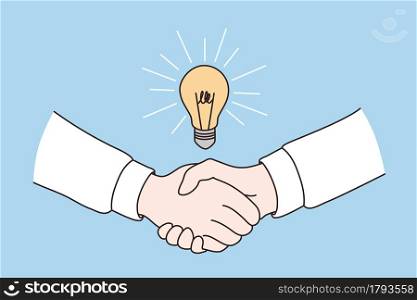 Business agreement and deal concept. Two business people partners shaking hands after great creative agreement with brilliant idea vector illustration . Business agreement and deal concept