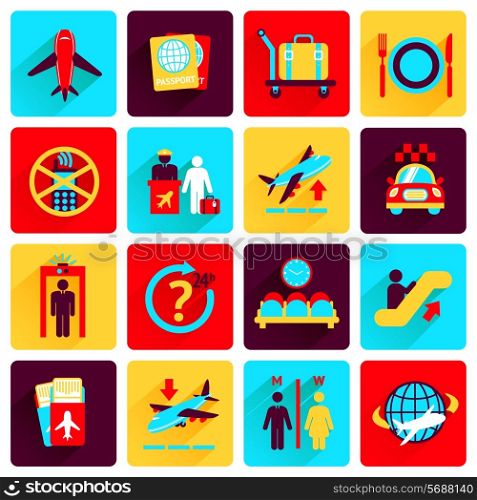 Business airport travel button flat icons set with plane security check baggage control isolated vector illustration