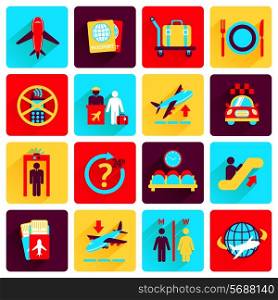 Business airport travel button flat icons set with plane security check baggage control isolated vector illustration