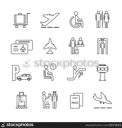 Business airport travel icons set with passport check control board isolated vector illustration