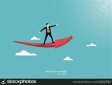 Business ambition concept, Businessman stand on arrow flying over the clouds, Symbol of success, Vision, Growth, Leadership, Achievement, Eps10 vector illustration