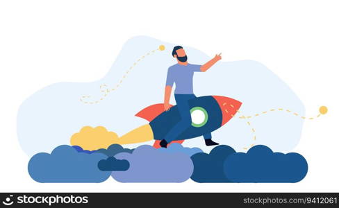 Business ambition move up motivation success sky man. Space rocket businessman fly concept vector achievement illustration leadership career. Progress challenge target goal job. Banner direction high