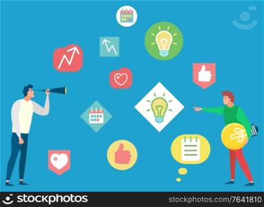 Business ambitions icons, man with magnifier, light bulb, growth arrow symbol. Creative idea, innovation technology, finance promotion, worker researching vector. Business Ambitions and Research, Technology Vector
