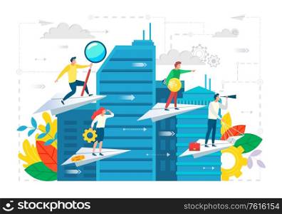 Business ambitions vector, businessman with magnifying glass and woman holding cogwheel in hands, cityscape and paper planes with workers on top flat, achievement leadership career. Search new idea. Business Ambitions, People Stating On Paper Planes