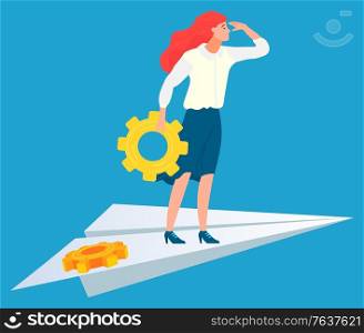 Business ambitions, worker female standing on paper plane, employee holding cogwheel. Leadership symbol, manager success, growth icon, career vector. Worker with Cogwheel, Business Success Vector