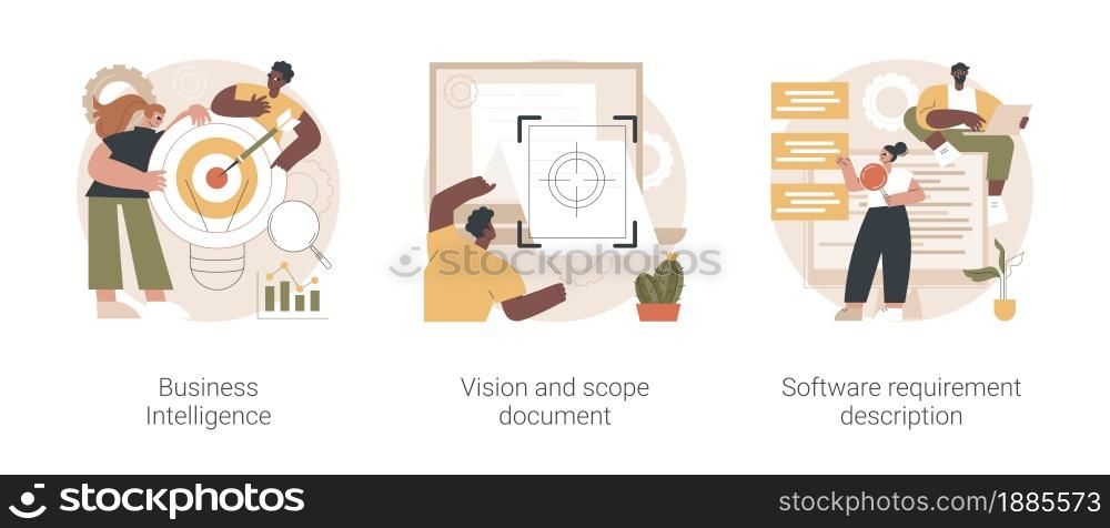 Business analysis abstract concept vector illustration set. Business Intelligence, vision and scope document, software requirement description, software agile project management abstract metaphor.. Business analysis abstract concept vector illustrations.