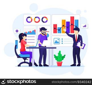 Business Analysis concept, People on meeting and work with charts and graphic data visualization vector illustration