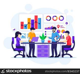 Business Analysis concept, People sitting on desk work with charts and graphic data visualization flat vector illustration