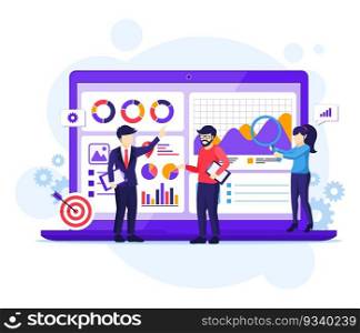 Business Analysis concept, People work in front of a big laptop. Auditing, Financial consulting flat vector illustration