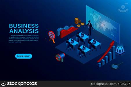business analysis concept with character. creative interactive workspace, development workplace. Infographic of analysing strategy engine. flat design isometric