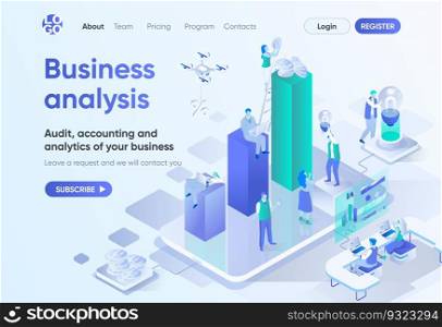 Business analysis isometric landing page. Professional audit, accounting and analytics service. Consulting company template for CMS and website builder. Isometry scene with people characters.