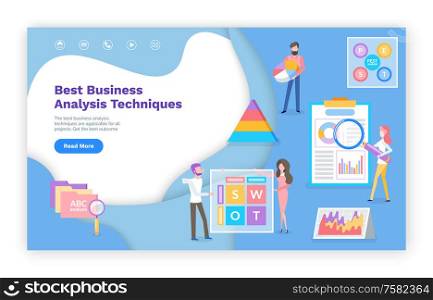 Business analysis techniques online web pages vector. Graphics and charts, success estimation and finance growth website template, landing page flat style. Business Analysis Techniques Online Web Pages