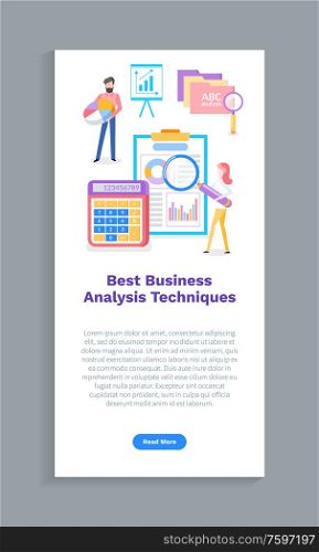 Business analysis techniques vector, clipboard with data of project. Calculator with numeric info, table with infographics, people optimizing company. Best Business Analysis Technique Website with Text