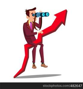 Business Analyst, Businessman, Marketer Vector Cartoon Character. Analyst Sitting On Graph Arrow, Looking In Binocular. Business Forecasting, Stock Market Analytics, Visionary Flat Illustration. Business Analyst, Businessman, Marketer Vector Cartoon Character