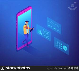 Business analyst coming out of huge smartphone and using gadgets with analysis data. Data insight and interactive data, internet of things concept. Ultraviolet neon vector isometric 3D illustration.. Data insight concept vector isometric illustration.