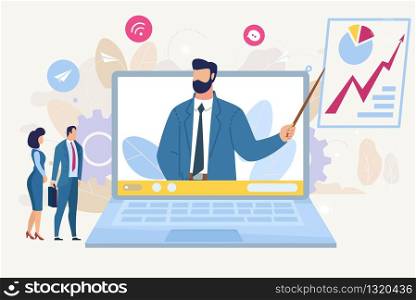 Business Analyst Consultation Service, Planning Company Financial Growth, Making Plan Flat Vector Concept. Businessman with Pointer Looking Out from Laptop Screen, Pointing on Graphs Illustration
