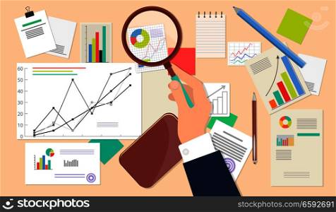 Business analyst, financial data analysis on beige background. Vector illustration of businessman with magnifying glass is looking financial reports. Many paper sheets with charts and diagrams on desk. Business Analyst, Financial Data Analysis Web Icon