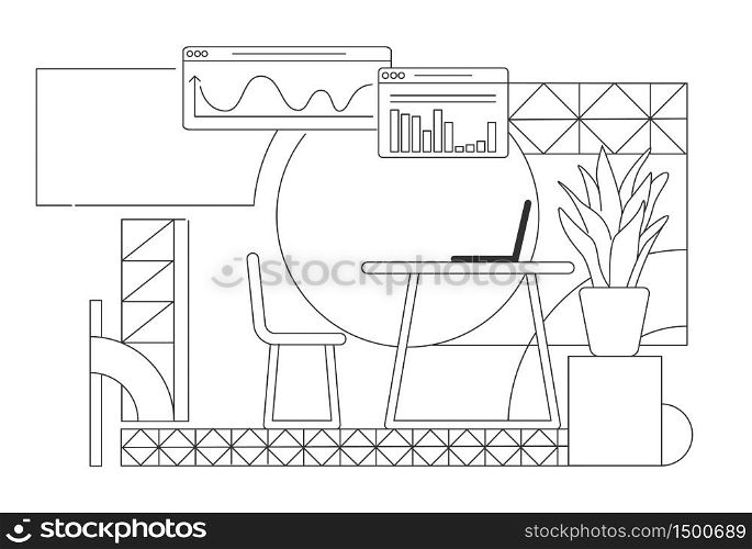 Business analyst home office interior design outline vector illustration. Contemporary corporate employee workplace contour composition on white background. Charts and table simple style drawing