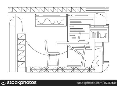 Business analyst office interior design outline vector illustration. Web development studio manager workplace contour composition on white background. Charts and table simple style drawing . ZIP file contains: EPS, JPG. If you are interested in custom design or want to make some adjustments to purchase the product, don&rsquo;t hesitate to contact us! bsd@bsdartfactory.com. Business analyst office interior