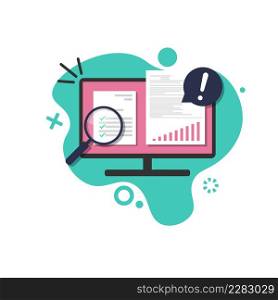 Business Analyst or Auditor Making Sales Data Growth Graphs Report on Computer Vector Illustration in Flat Style.. Business Analyst or Auditor Making Sales Data Growth Graphs Report on Computer Vector Illustration in Flat Style