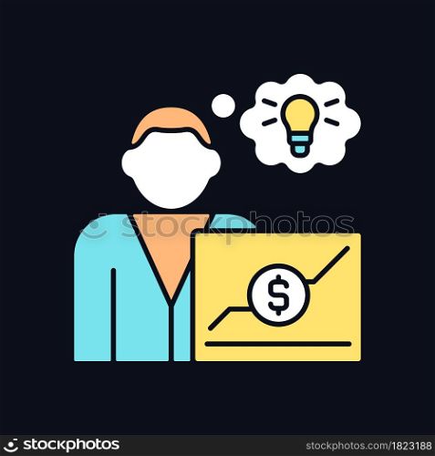 Business analyst RGB color icon for dark theme. Market analysis. Reswarch business processes. Isolated vector illustration on night mode background. Simple filled line drawing on black. Business analyst RGB color icon for dark theme