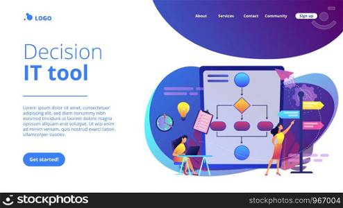 Business analyst with laptop, idea lightbulb and waymark. Decision management, enterprise analysis, decision IT tool and decision system concept. Website vibrant violet landing web page template.. Decision management concept landing page.