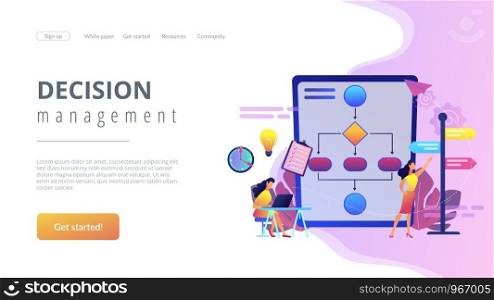 Business analyst with laptop, idea lightbulb and waymark. Decision management, enterprise analysis, decision IT tool and decision system concept. Website vibrant violet landing web page template.. Decision management concept landing page.