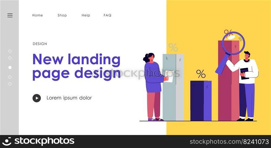 Business analysts analyzing sale report. Sales data, financial bar, analysis, marketing flat vector illustration. Business process and technology concept for banner, website design or landing web page