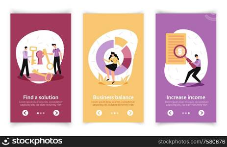 Business analytics chart banners set with three isolated vertical backgrounds editable text and switch page buttons vector illustration