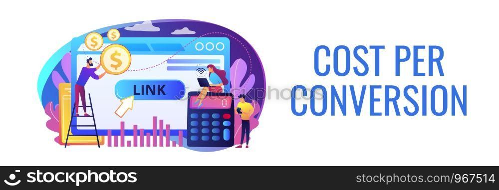 Business analytics, commerce metrics, SEO. Cost per acquisition CPA model, cost per conversion, online advertising pricing model concept. Header or footer banner template with copy space.. Cost per acquisition CPA model concept banner header.