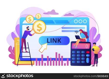 Business analytics, commerce metrics, SEO. Cost per acquisition CPA model, cost per conversion, online advertising pricing model concept. Bright vibrant violet vector isolated illustration. Cost per acquisition CPA model concept vector illustration.
