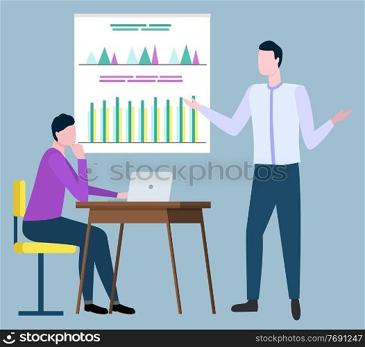 Business analytics discussing financial issues, brokers collaboration. Vector manager sitting at table with laptop, coworker pointing on board with graphs and charts. Business Analytics Discuss Financial Issues Broker