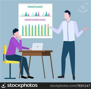 Business analytics discussing financial issues, brokers collaboration. Vector manager sitting at table with laptop, coworker pointing on board with graphs and charts. Business Analytics Discuss Financial Issues Broker