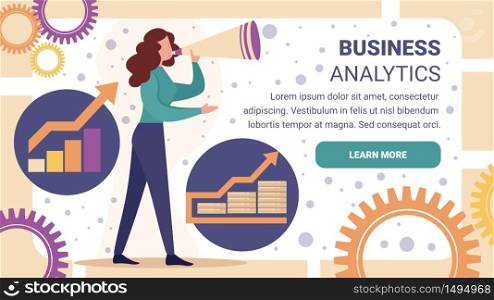 Business Analytics Horizontal Banner. Young Woman with Loudspeaker Stand on Abstract Background with Growing Charts and Graphs, Gears and Cogwheels. Data Analysis Cartoon Flat Vector Illustration. Business Analytics. Young Woman with Loudspeaker