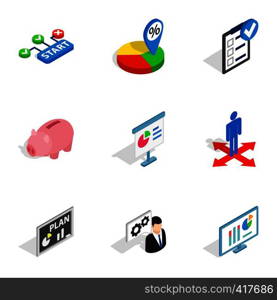 Business analytics icons set. Isometric 3d illustration of 9 business analytics vector icons for web. Business analytics icons, isometric 3d style