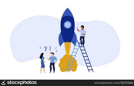 Business analytics in cloud arrow vector leadership company. People challenge teamwork up. Flat job marketing concept illustration. Growth with rocket investment service. Man and woman trend result