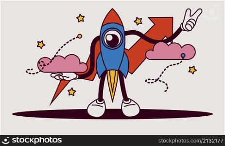 Business analytics in cloud arrow vector leadership company. People challenge teamwork up. Flat job marketing concept illustration. Growth with rocket investment service. Trend result