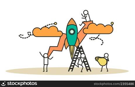 Business analytics in cloud arrow vector leadership company. People challenge teamwork up. Flat job marketing concept illustration. Growth with rocket investment service. Man and woman trend result