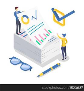 Business analytics isometric color vector illustration. Accounting and financial audit. Data analysis and statistics. Strategic management. Paperwork. Corporate strategy. 3d concept isolated on white