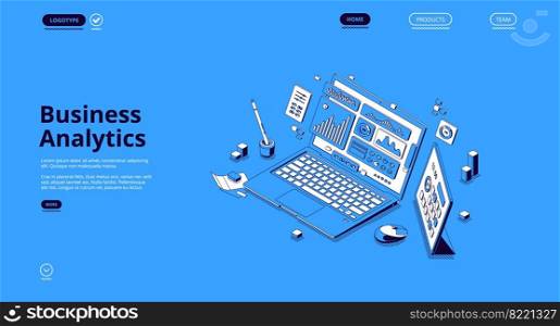 Business analytics isometric landing page. Financial marketing, online trading and investment, automation. Laptop with digital analysis data charts, statistics diagrams, 3d vector line art web banner. Business analytics isometric landing page, banner