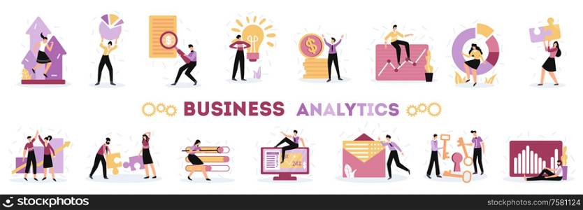 Business analytics marketing modeling charts data optimization solutions decision making profit flat icons set isolated vector illustration