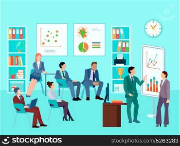 Business Analytics Meeting Composition. Statistics analytics business worker characters meeting composition with staff working session toolbox talk graphs and diagrams vector illustration