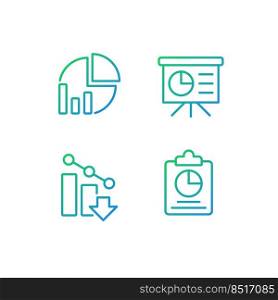 Business analytics pixel perfect gradient linear vector icons set. Data analysis. Financial forecast. Statistics. Thin line contour symbol designs bundle. Isolated outline illustrations collection. Business analytics pixel perfect gradient linear vector icons set