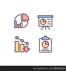 Business analytics pixel perfect RGB color icons set. Data analysis. Financial forecast. Statistics. Isolated vector illustrations. Simple filled line drawings collection. Editable stroke. Business analytics pixel perfect RGB color icons set