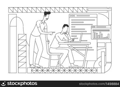 Business analytics project curator thin line vector illustration. Office workers analyzing charts and graphs outline characters on white background. Analyst training simple style drawing