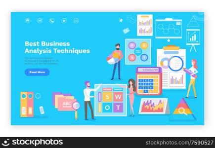 Business analytics technique vector, people dealing with optimization and marketing of product. Infographics on document, searching of info, finance. Business Analytics Technique Website Promotion