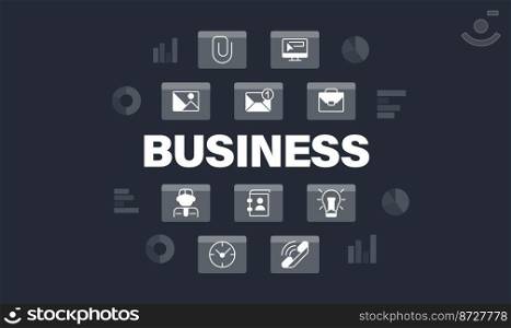 Business analytics word concept design template with icons. Infographics with text and editable white glyph pictograms. Vector illustration for web banner, presentation. Montserrat font used. Business analytics word concept design template with icons